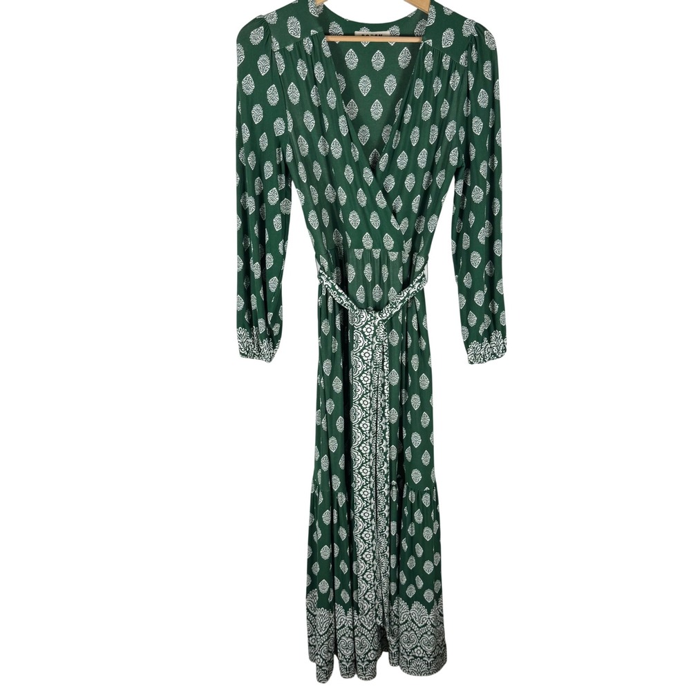 Boden Ophelia Wrap Dress Womens 8 Green  Block Print Jersey Maxi Long Sleeve - Picture 3 of 9